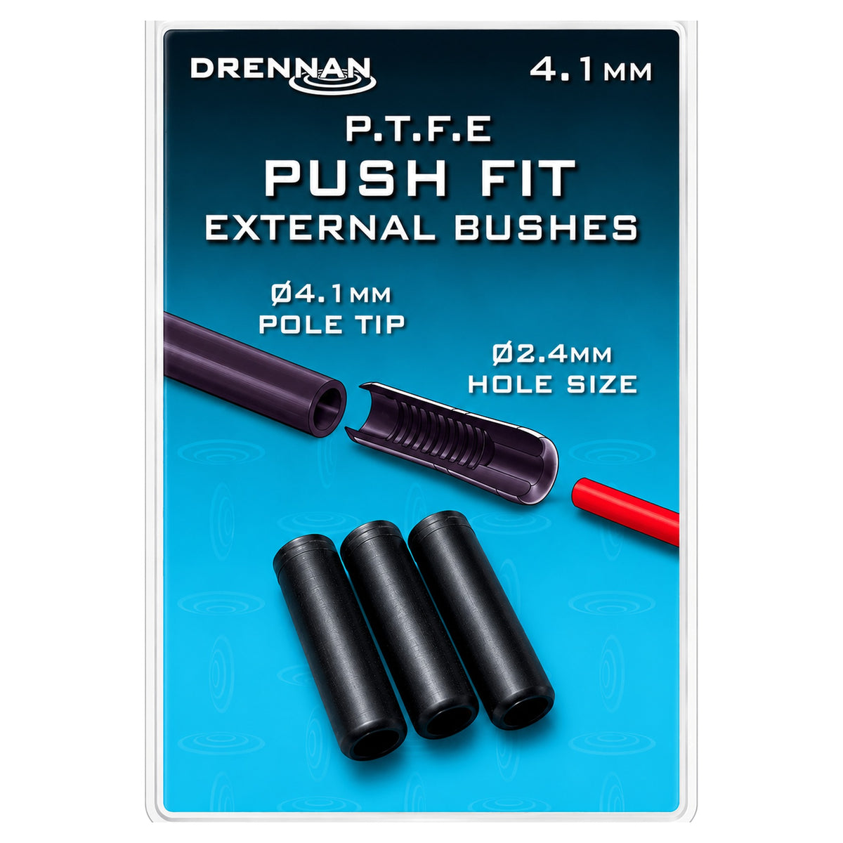 Drennan Push Fit External Bushes 4.1mm – verpakking met open bussen en paarse doorsnede met 2.4mm boring