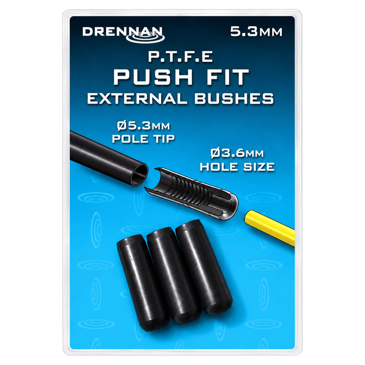 Drennan Push Fit External Bushes 5.3mm – verpakking met bussen en doorsnede met 3.6mm boring