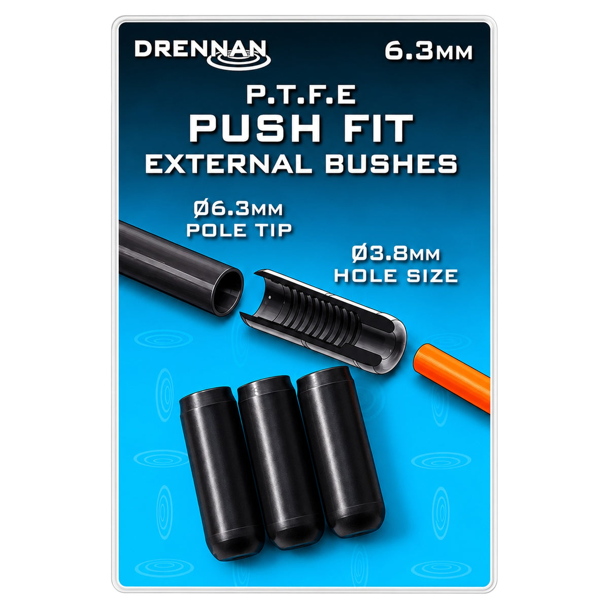 Drennan Push Fit External Bushes 6.3mm – verpakking met bussen en doorsnede met 3.8mm boring en oranje elastiek