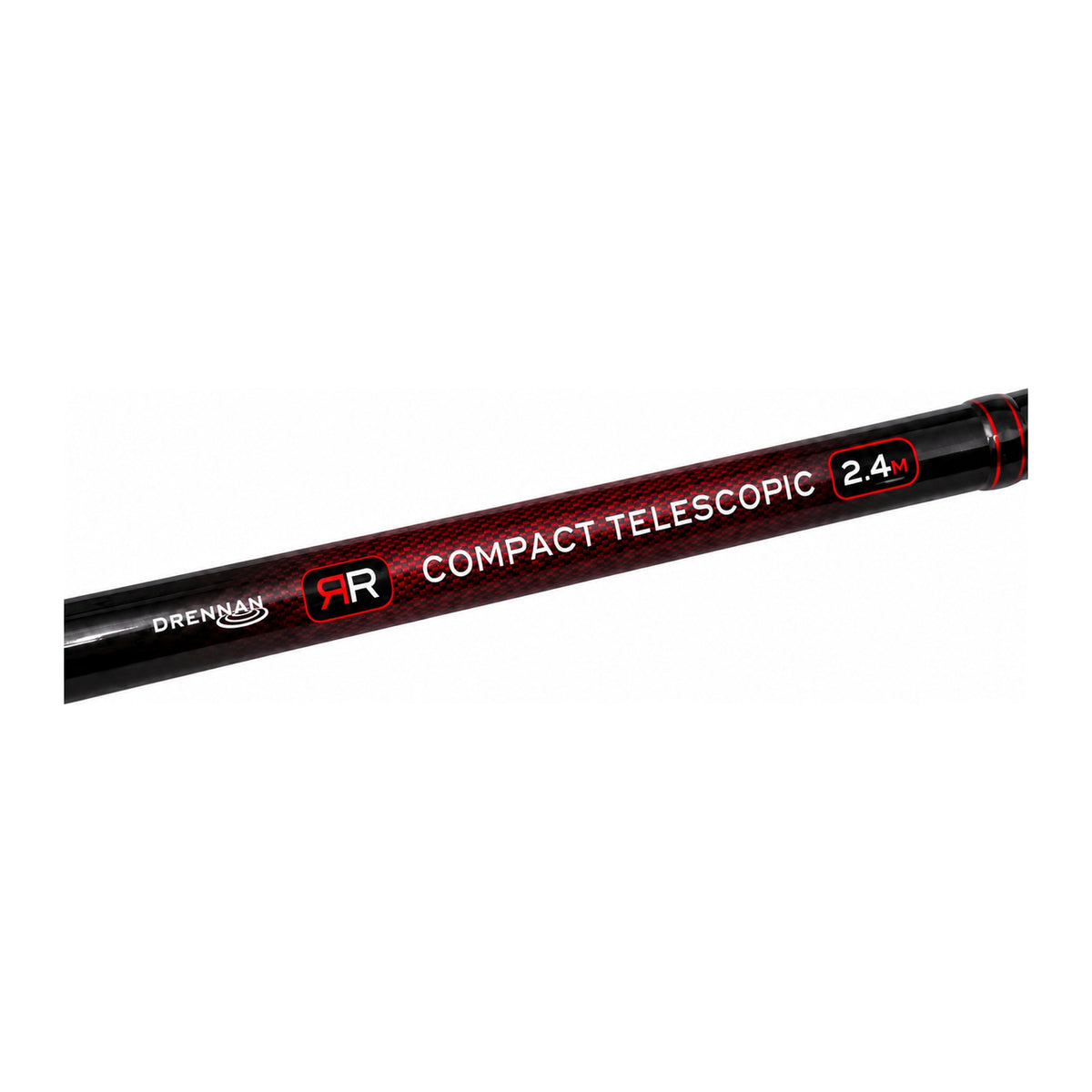Drennan Red Range Compact Handle – close-up van de rode carbonstructuur en opdruk Compact Telescopic 2.4M