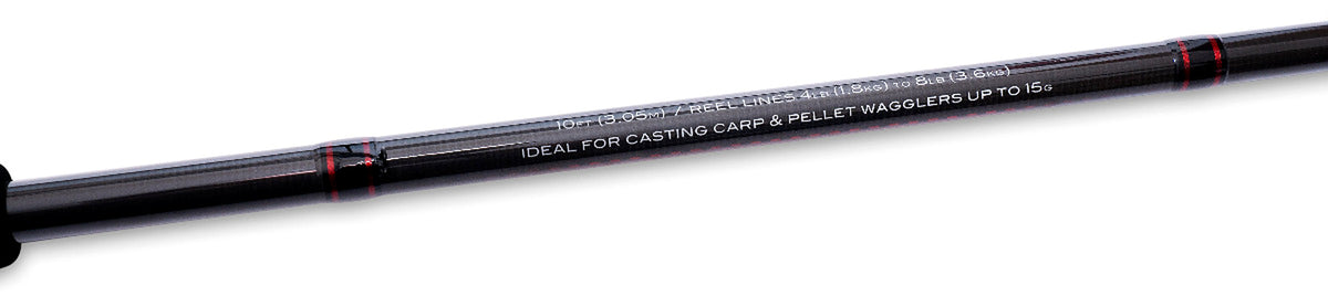 Drennan Red Range Carp Float 10ft – specificatie-opdruk op de zwarte hengelblank