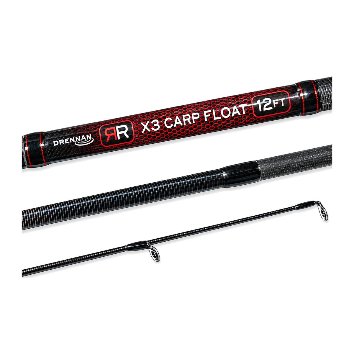 Drennan Red Range X3 Carp Float 12ft – modelopdruk en drie hengeldelen met geleideogen