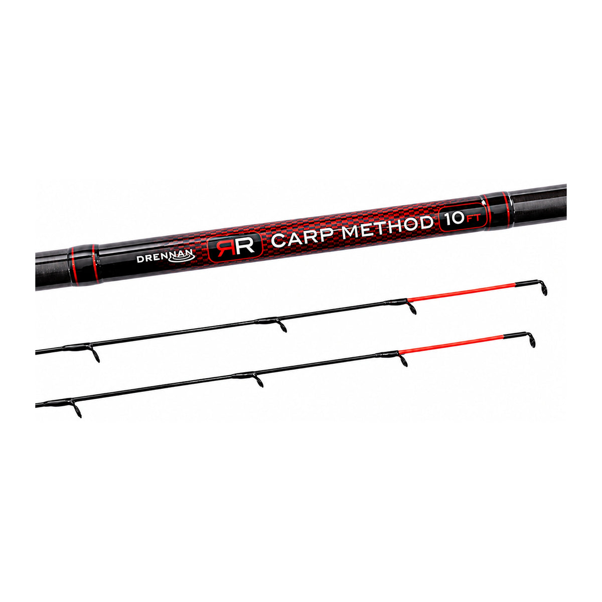 Drennan Red Range Carp Method 10 FT – modelopdruk en twee rode feedertoppen