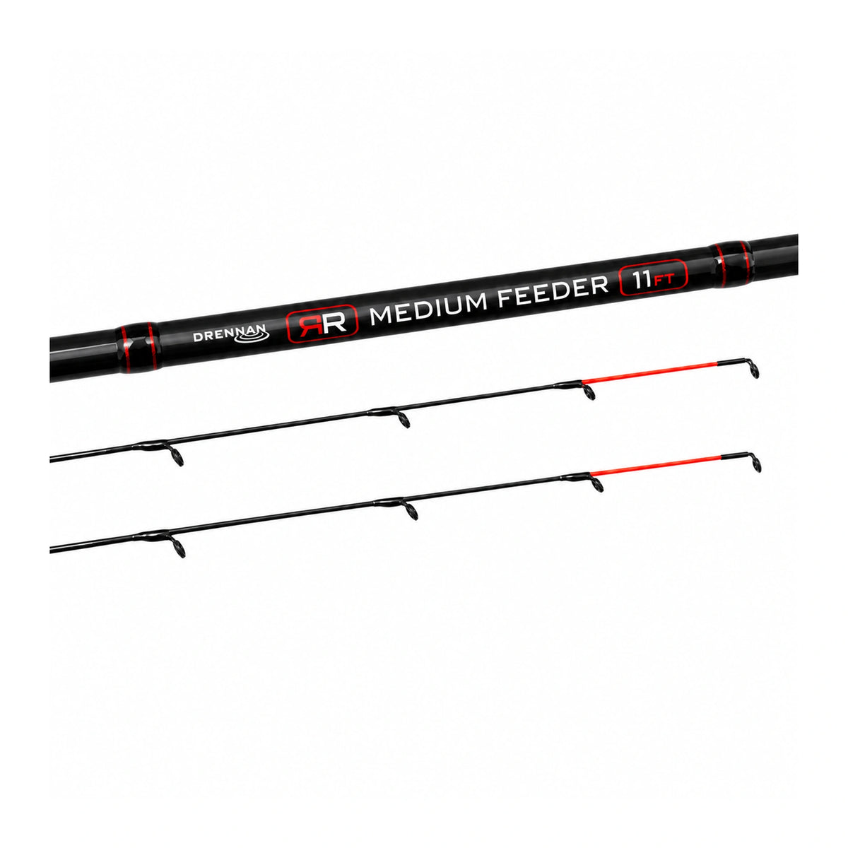 Drennan Red Range Medium Feeder 11ft – modelopdruk op de blank en twee rode feedertoppen