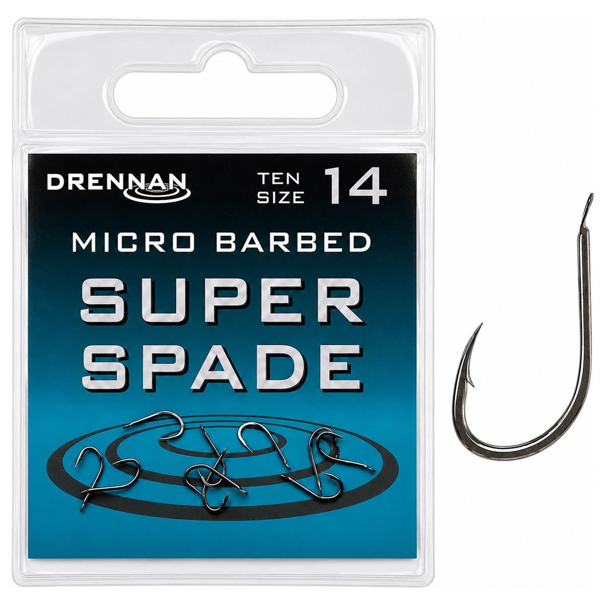 Drennan Micro Barbed Super Spade-haken maat 14 in verpakking met vergrote haak rechts