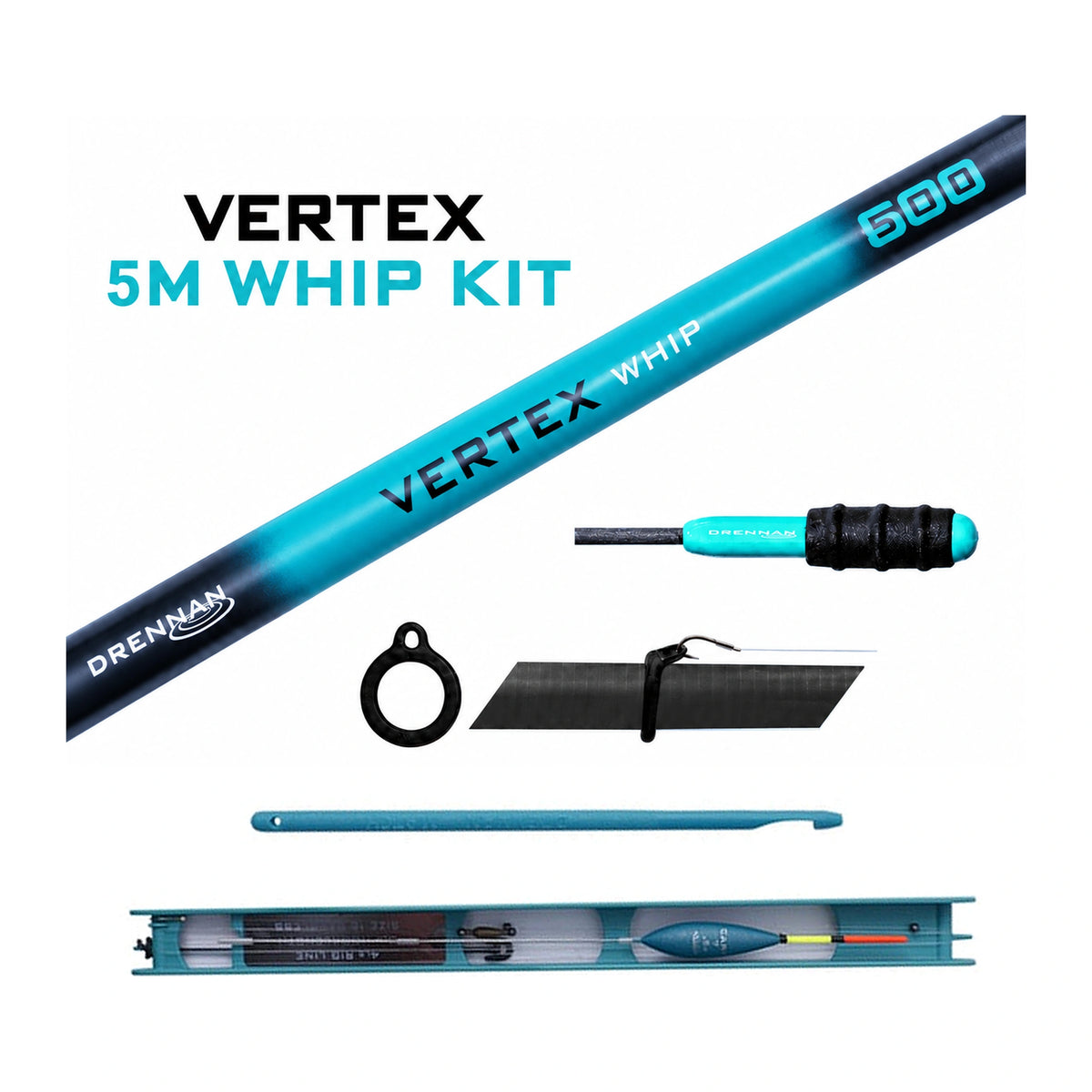 Drennan Vertex 5M Whip Kit – cover met 500-hengelblank, whipconnector, haaksteun, onthaker en dobbertuig
