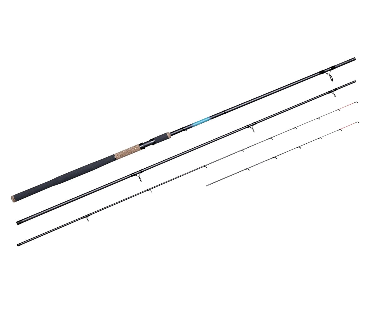 Drennan Vertex Distance Feeder – handdeel, losse hengeldelen en twee rode feedertoppen naast elkaar