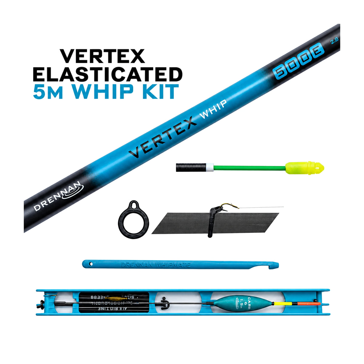 Drennan Vertex Elasticated 5M Whip Kit met hengelopdruk, elastiekconnector, ring, haakhouder, onthaker en compleet tuig op een blauwe winder