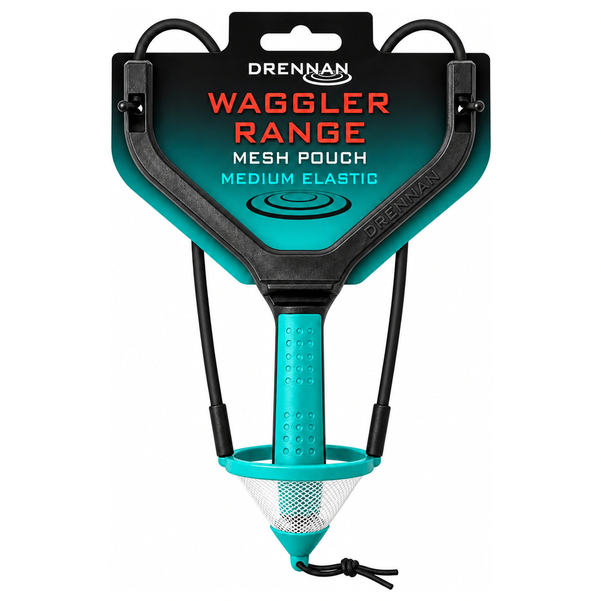 Drennan Waggler Range-katapult met turquoise handgreep, wit netbakje en zwart-turquoise verpakkingskaart