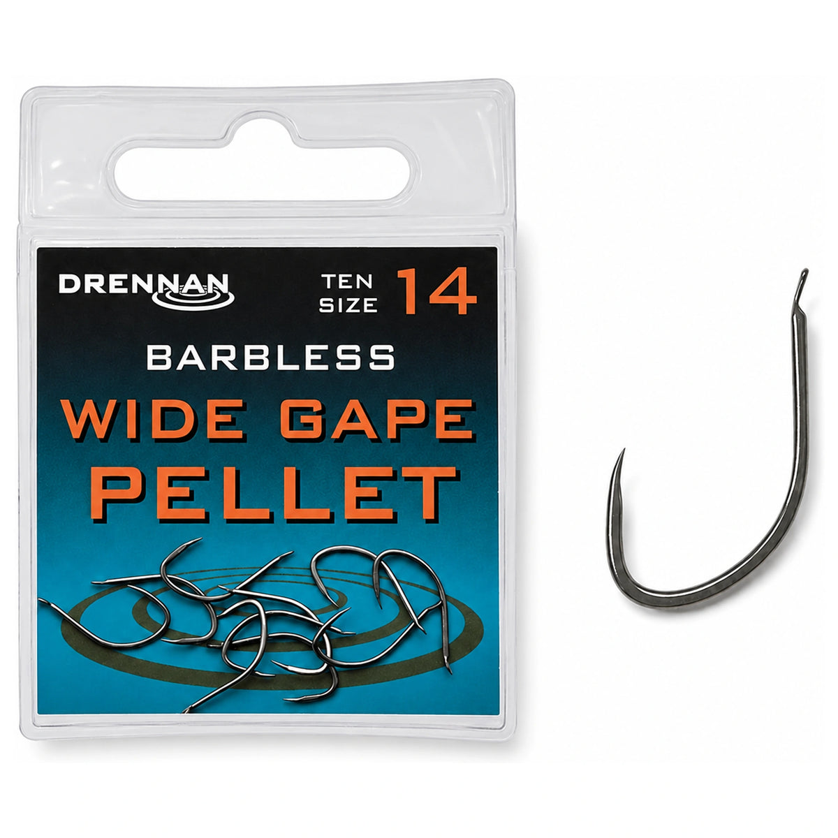 Drennan Barbless Wide Gape Pellet-haken maat 14 in verpakking met vergrote weerhaakloze haak rechts