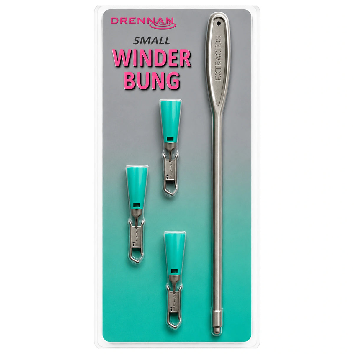 Drie turquoise Drennan Small Winder Bungs met grijze opwinders en lange extractor op verpakkingskaart