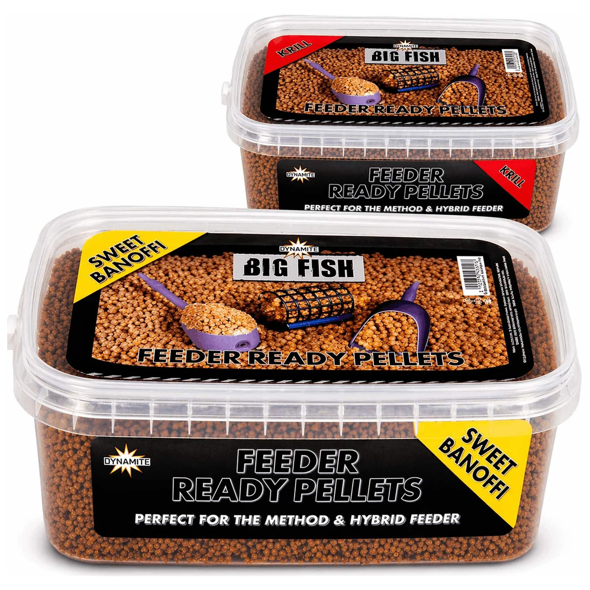Twee Dynamite Baits Feeder Ready Pellets-bakken: Sweet Banoffi vooraan en Krill erachter