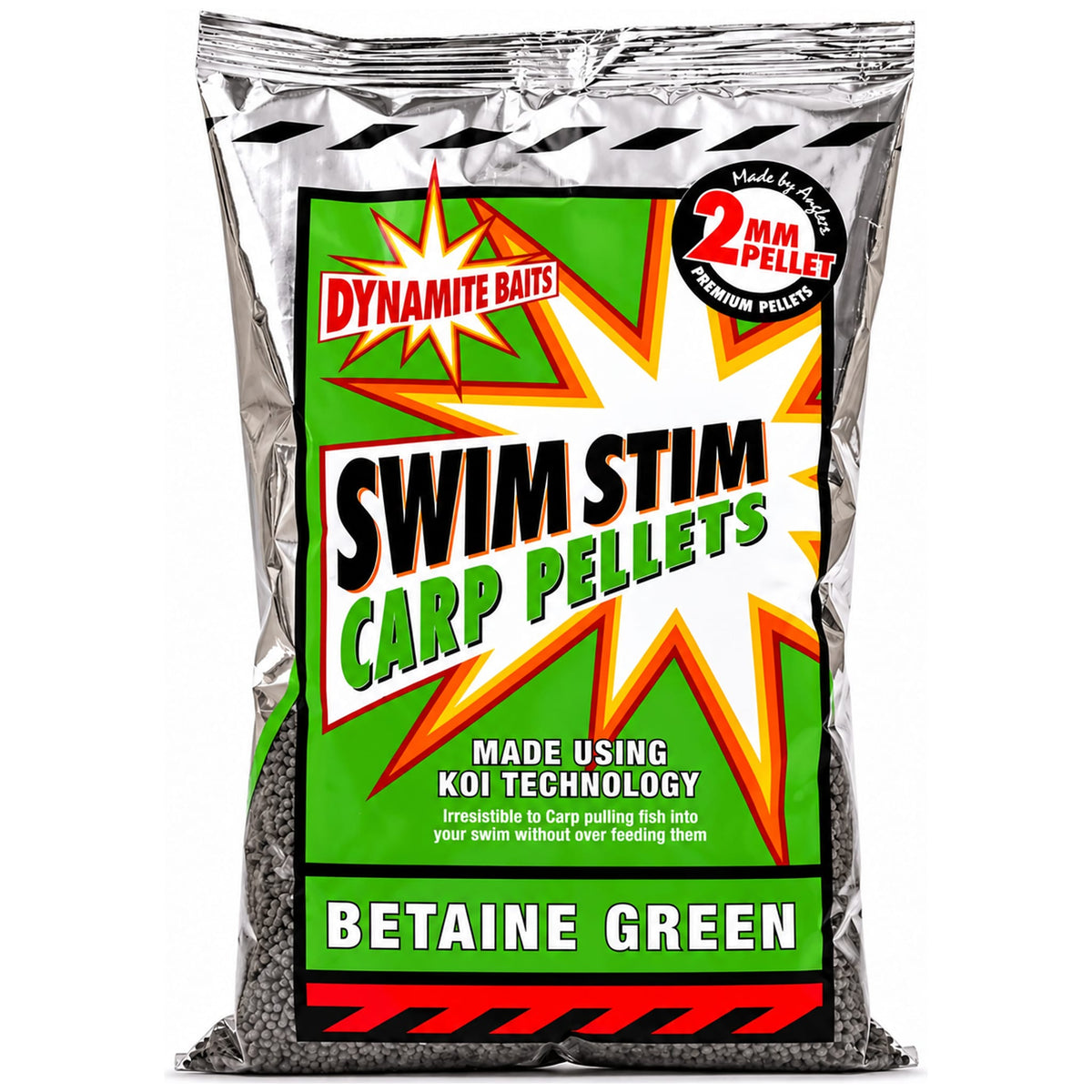 Zak Dynamite Baits Swim Stim Carp Pellets Betaine Green met groen etiket en 2 mm-aanduiding.