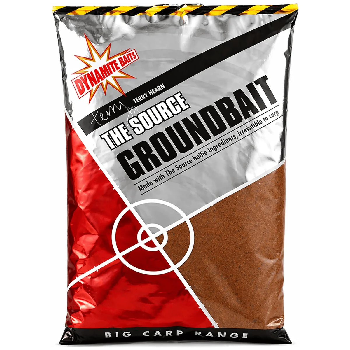 Rood-zilveren zak Dynamite Baits The Source Groundbait met zichtbaar grondvoer.