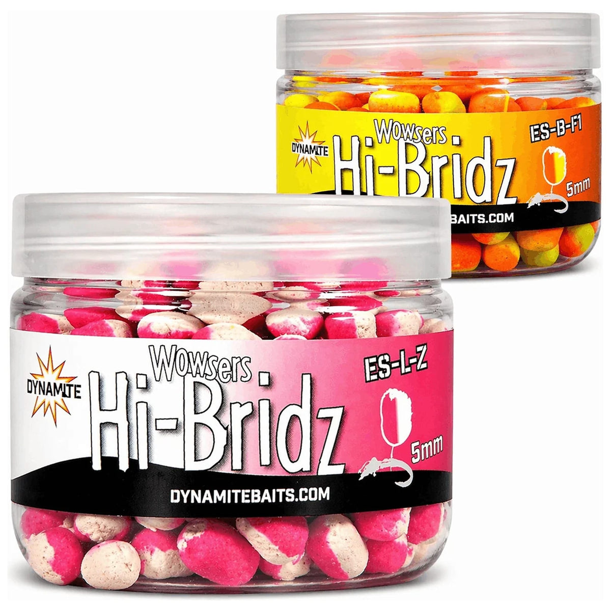 Twee potjes Dynamite Wowsers Hi-Bridz 5 mm met roze-witte en oranje-gele wafters