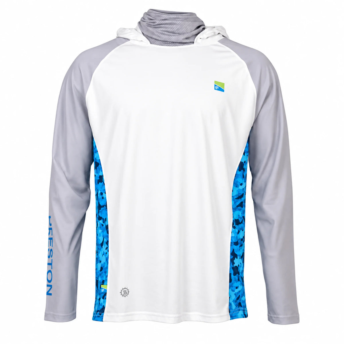 Preston Performance Hooded Sun Shirt UPF-40 – vooraanzicht wit shirt met blauwe camouflage