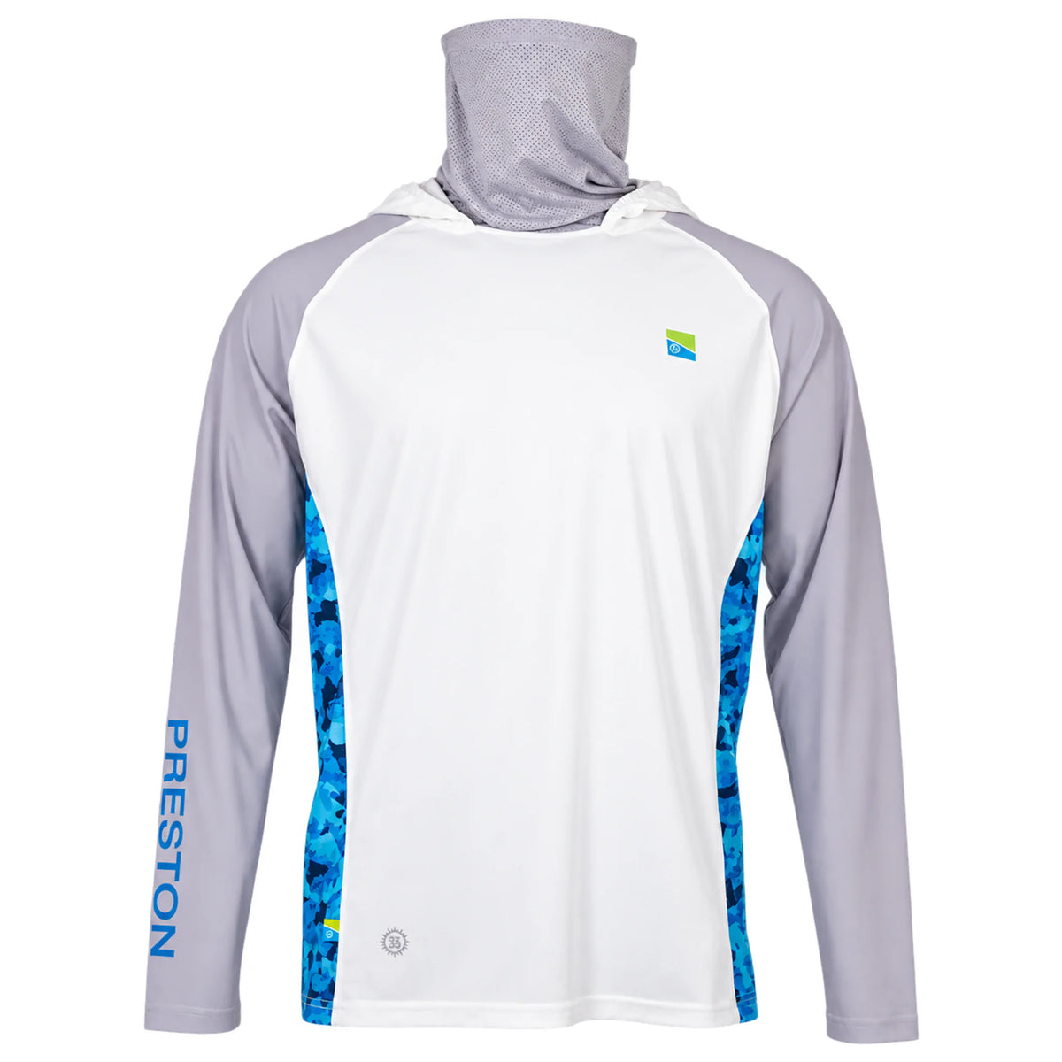 Preston Performance Hooded Sun Shirt UPF-40 – vooraanzicht met opgetrokken nekgaiter