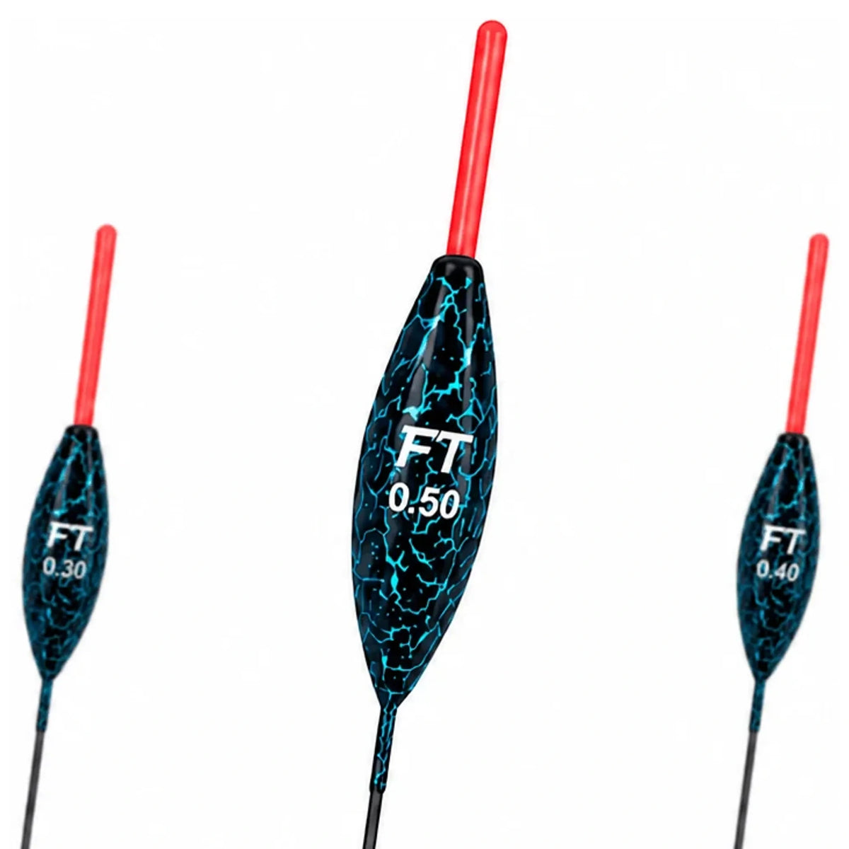 Drie zwarte Fishing Things FT23 dobbers met blauw craquelépatroon en rode antenne