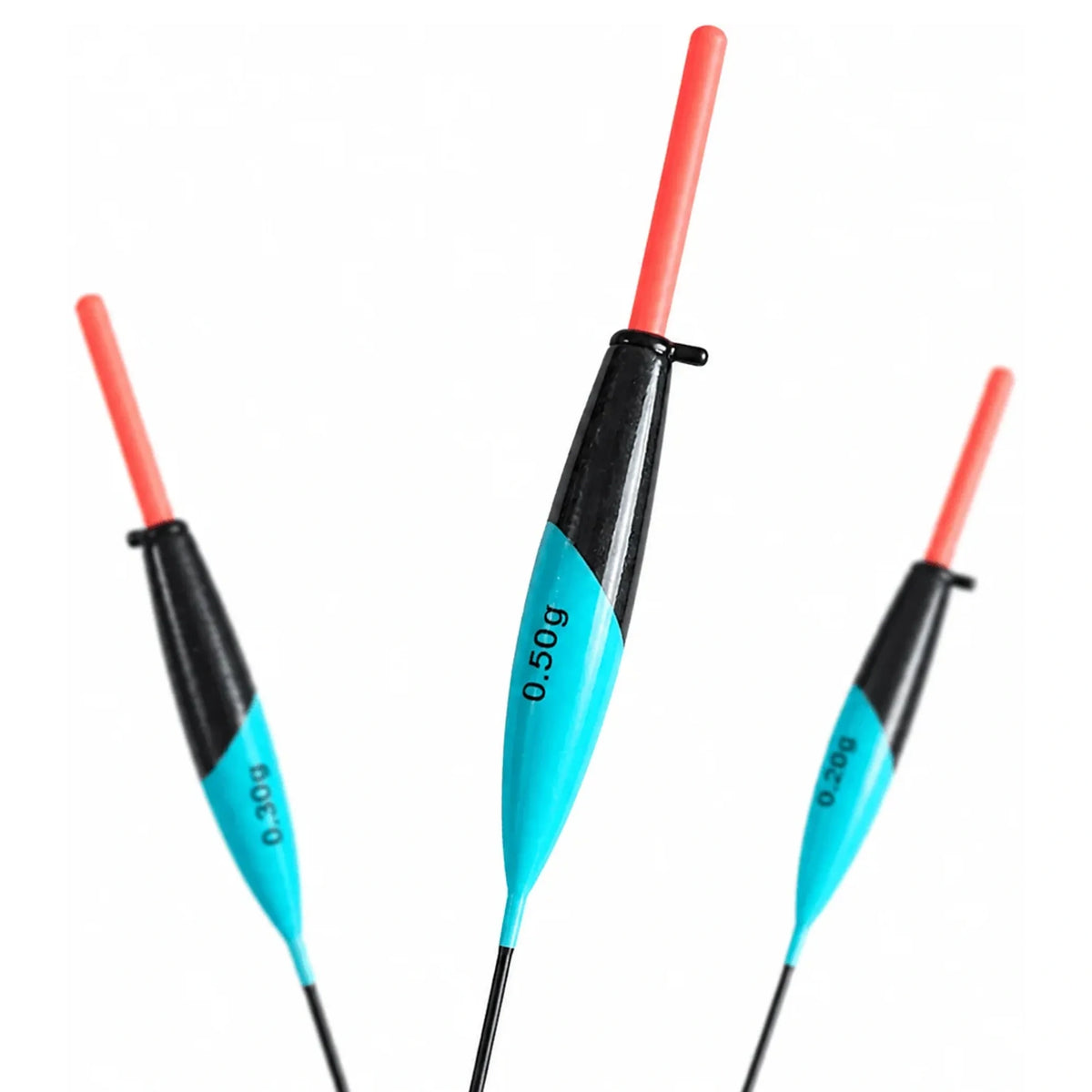 Drie zwart-turquoise Fishing Things FT29 dobbers met rode antennes en opdruk 0.30g, 0.50g en 0.20g