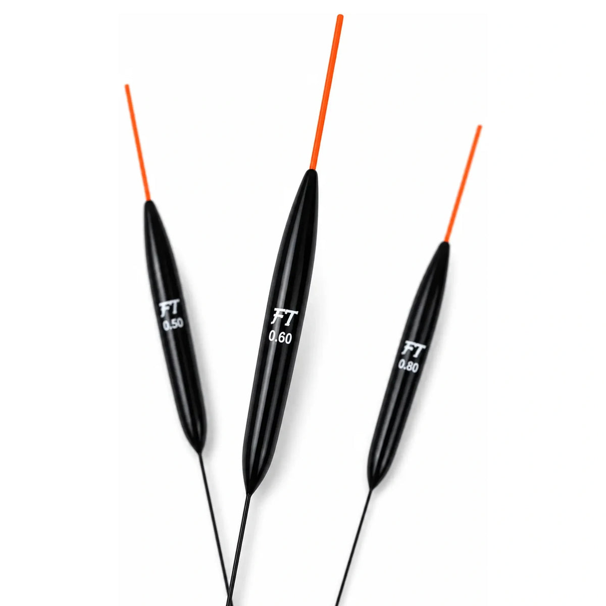 Drie zwarte Fishing Things FT52 dobbers met oranje antenne