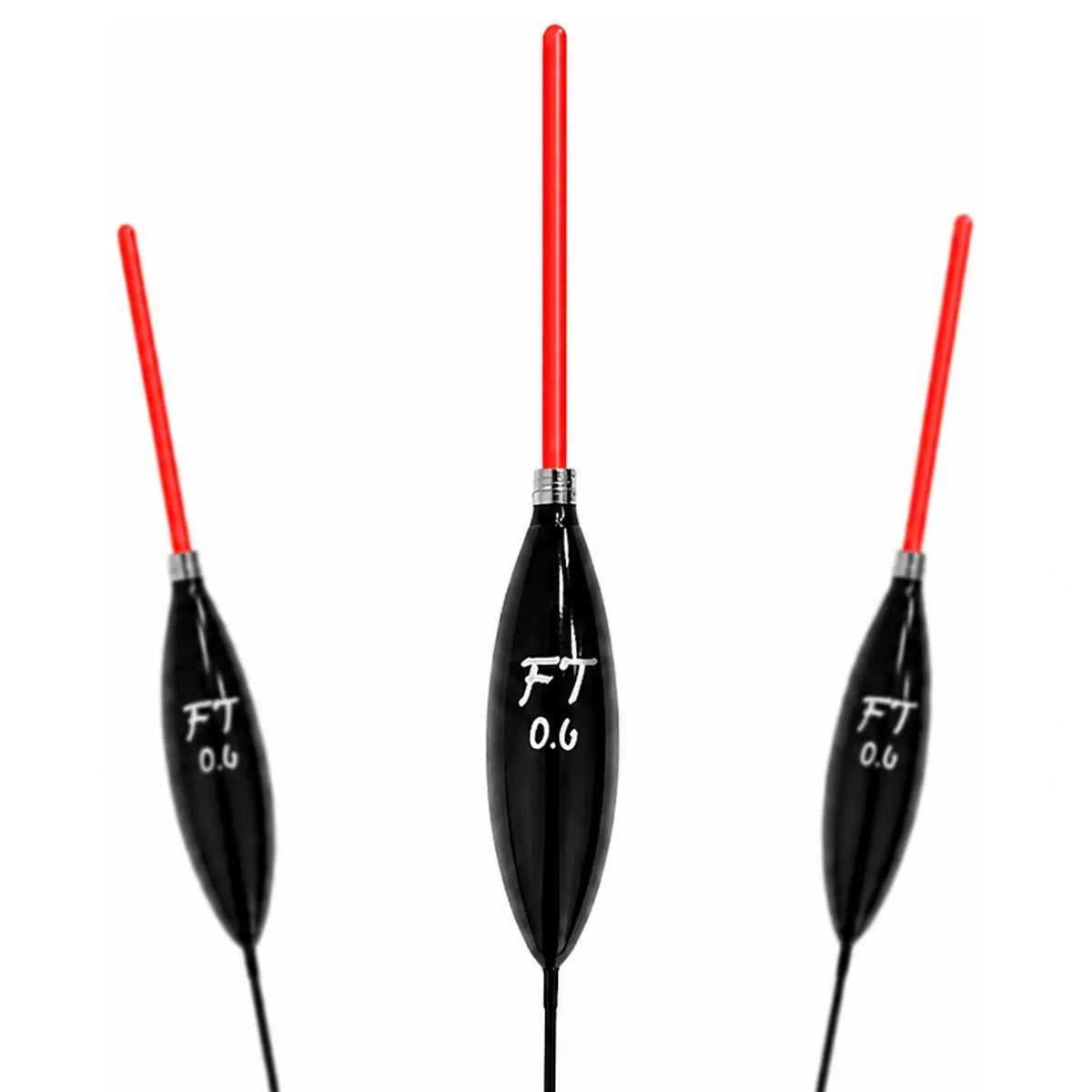 Drie zwarte Fishing Things FT dobbers met rode antennes en witte opdruk 0.6