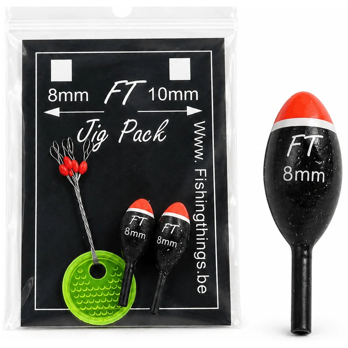 Fishing Things Jig Pack met twee zwarte jiggers van 8 mm, stoppers en vergroot productdetail