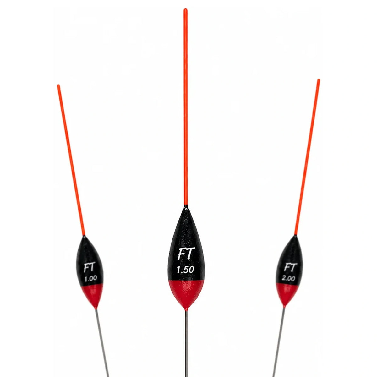 Drie zwart-rode Fishing Things FT dobbers met lange rode antennes en opdruk 1.00, 1.50 en 2.00