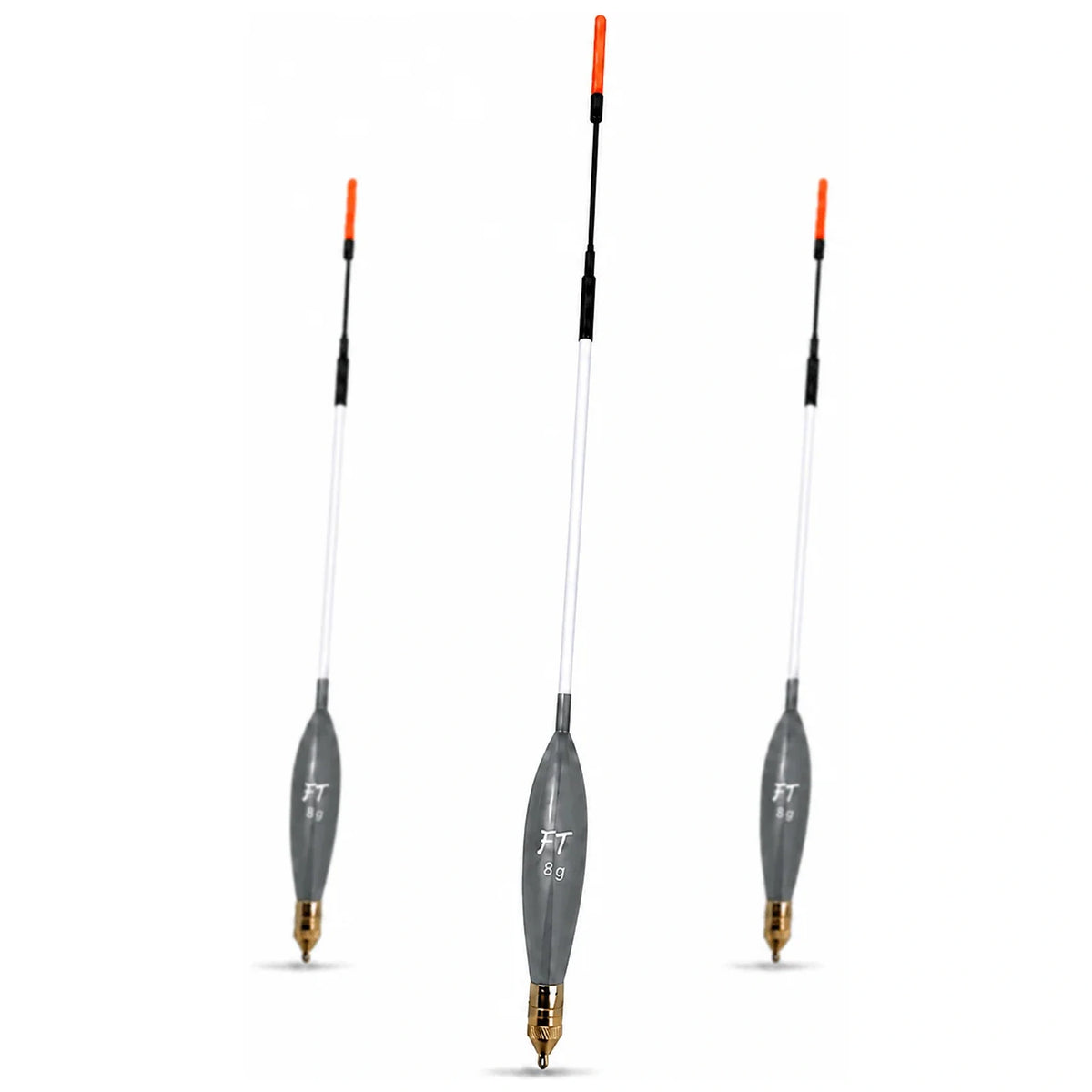 Drie grijze Fishing Things M2 matchdobbers met oranje tip, opdruk 8 g en goudkleurige onderkant