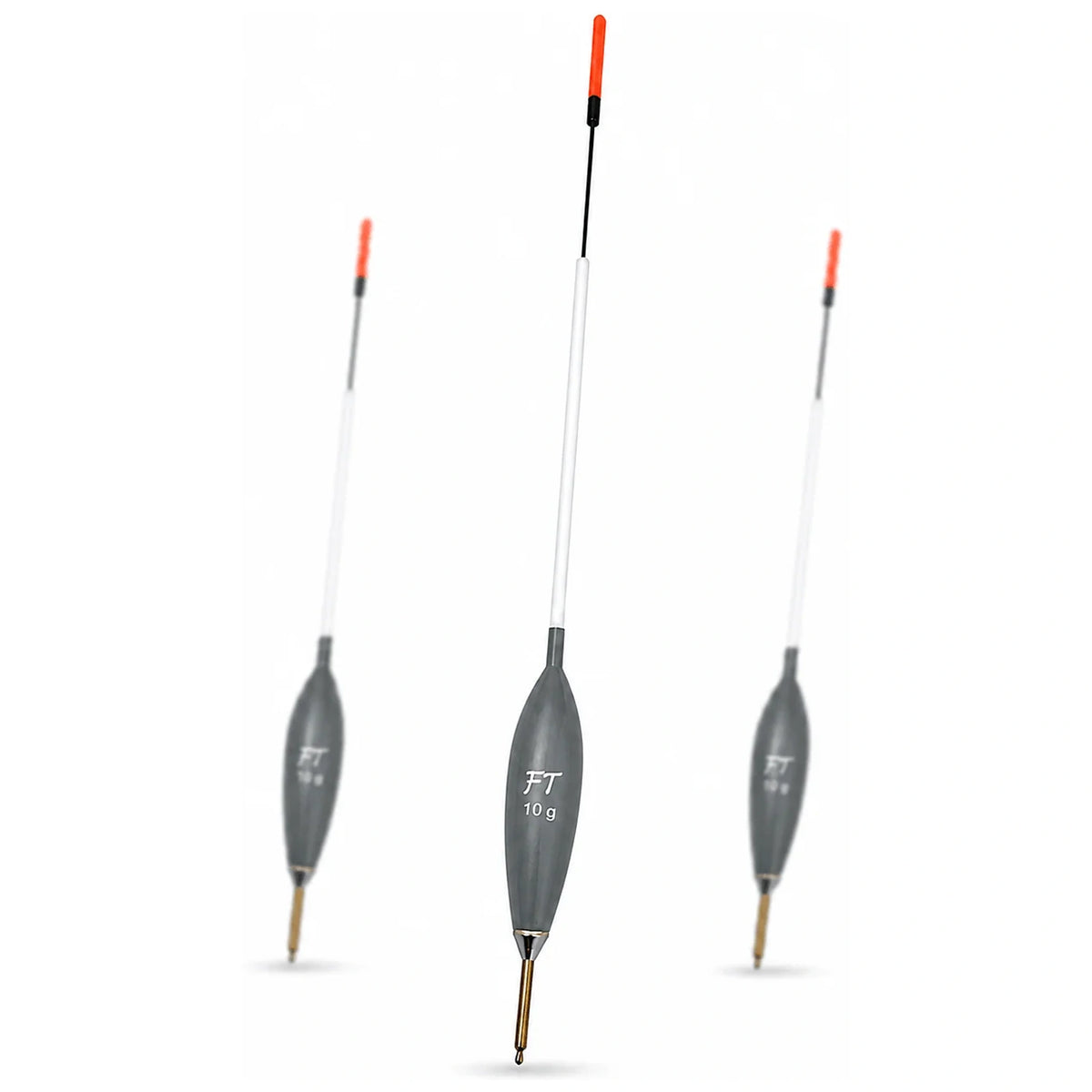 Drie grijze Fishing Things S1 matchdobbers met oranje tip en goudkleurige ondersteel, middelste met opdruk 10 g