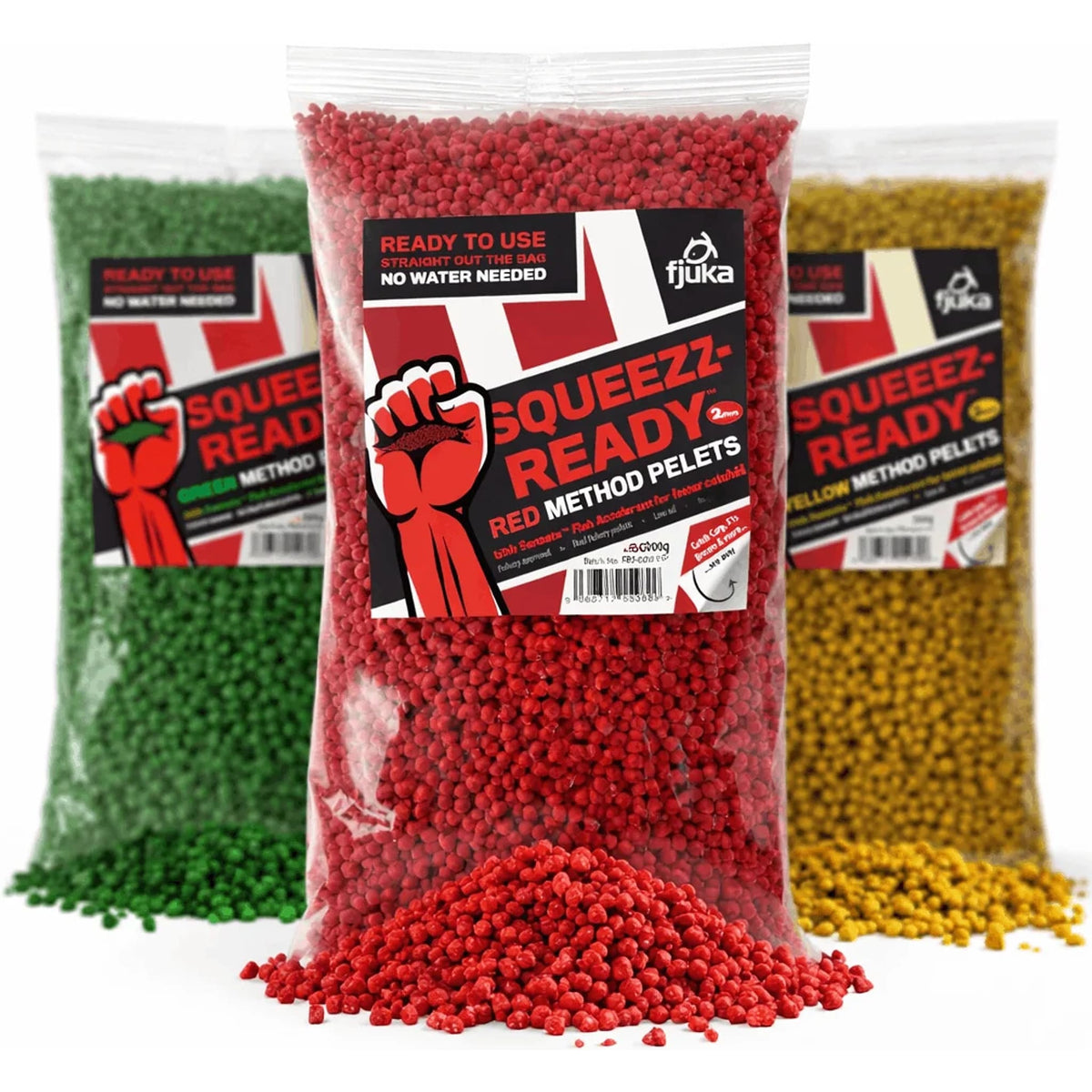 Fjuka Squeez-Ready Coloured Method Pellets 2mm – Red, Green en Yellow