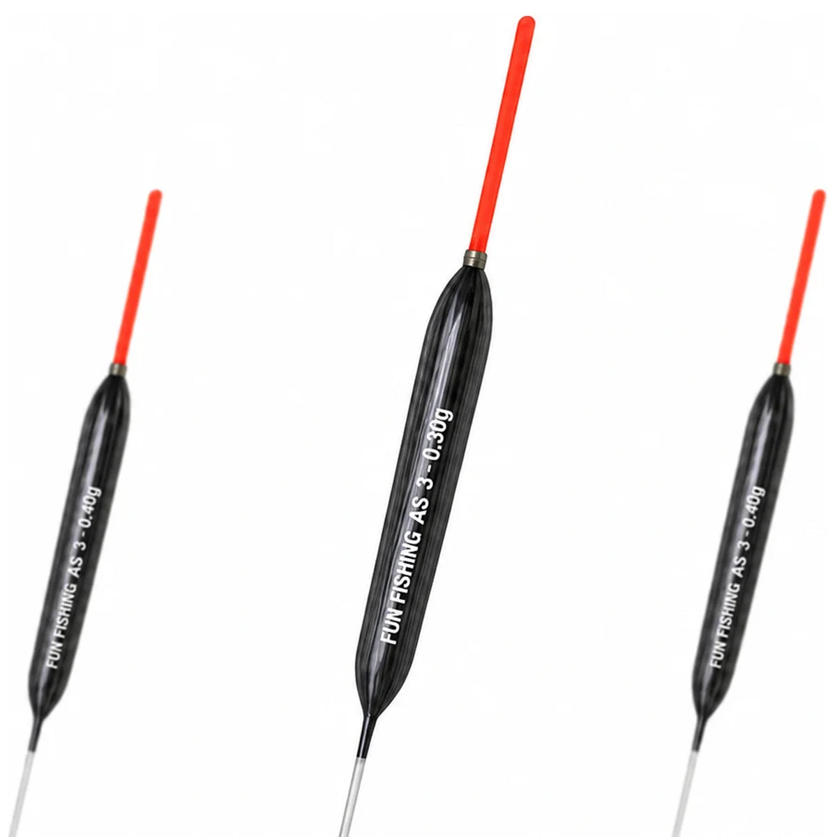 Drie zwarte Fun Fishing AS 3-dobbers met rode antennes, met de middelste groter afgebeeld.