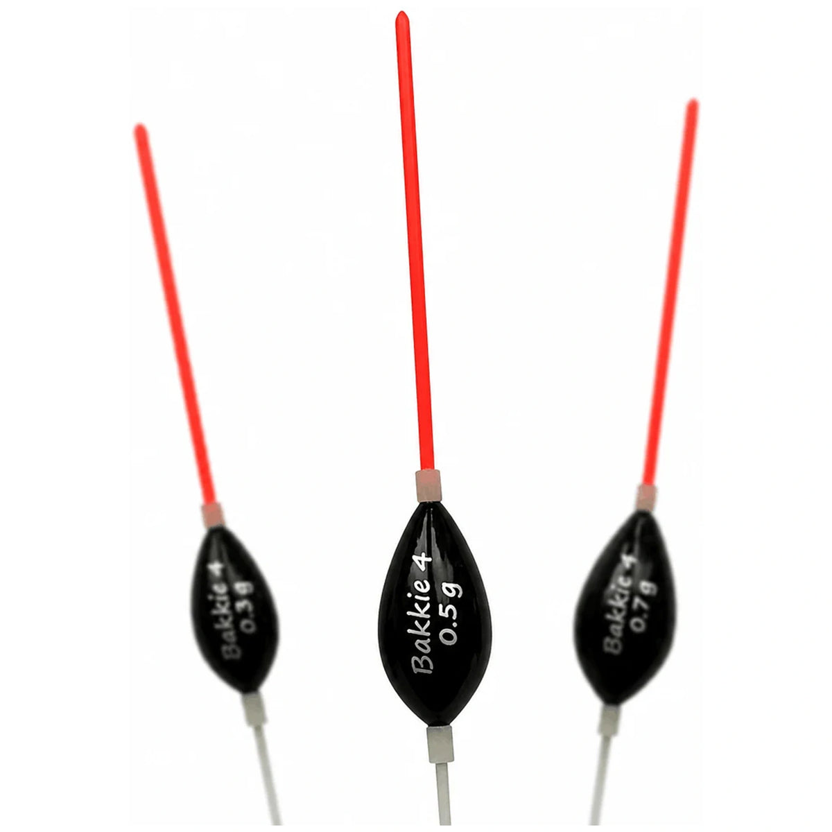 Frenkies Bakkie 4 dobbers met zwarte druppelvormige lichamen, lange rode antennes en lichte stelen in 0,3, 0,5 en 0,7 gram
