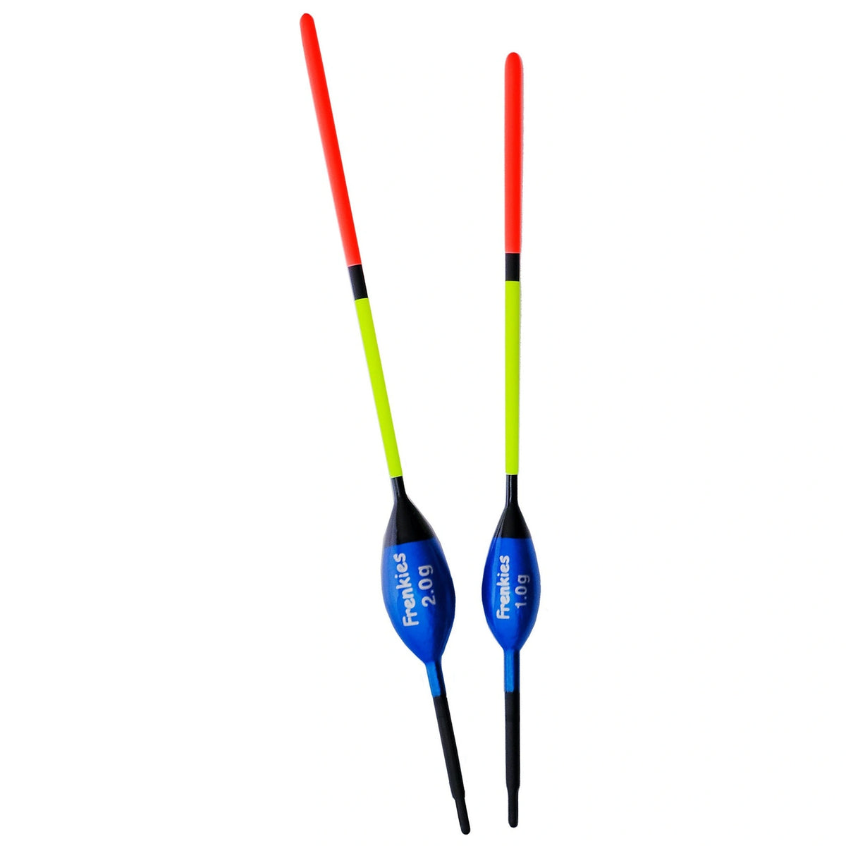 Twee blauwe Frenkies-dobbers met rood-groene antennes en opdruk 2,0 g en 1,0 g