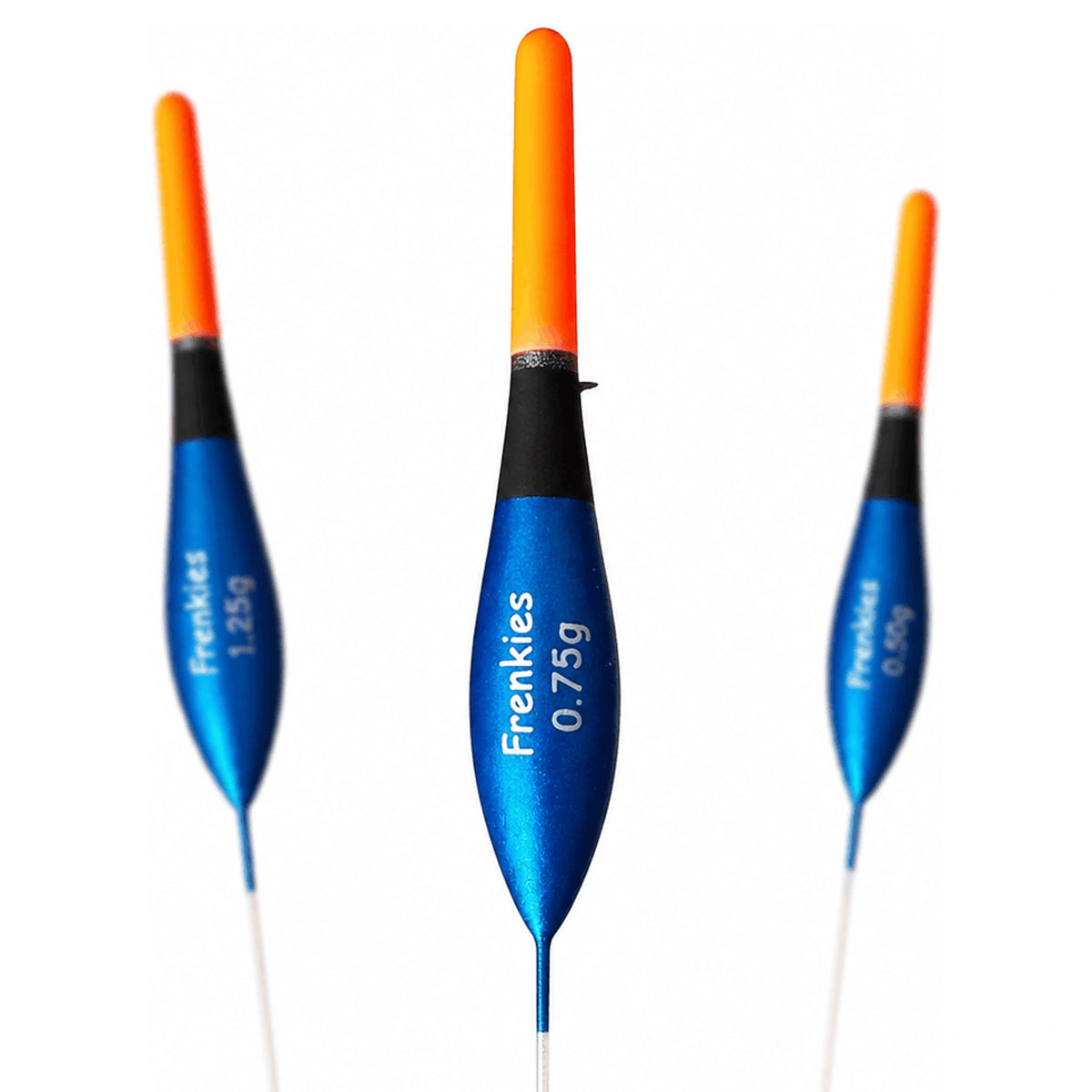 Drie blauw-zwarte Frenkies-dobbers met oranje antennes en 0,75 g op de middelste