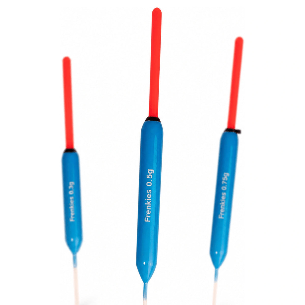Drie blauwe Frenkies-dobbers met rode antennes en 0,5 g op de middelste