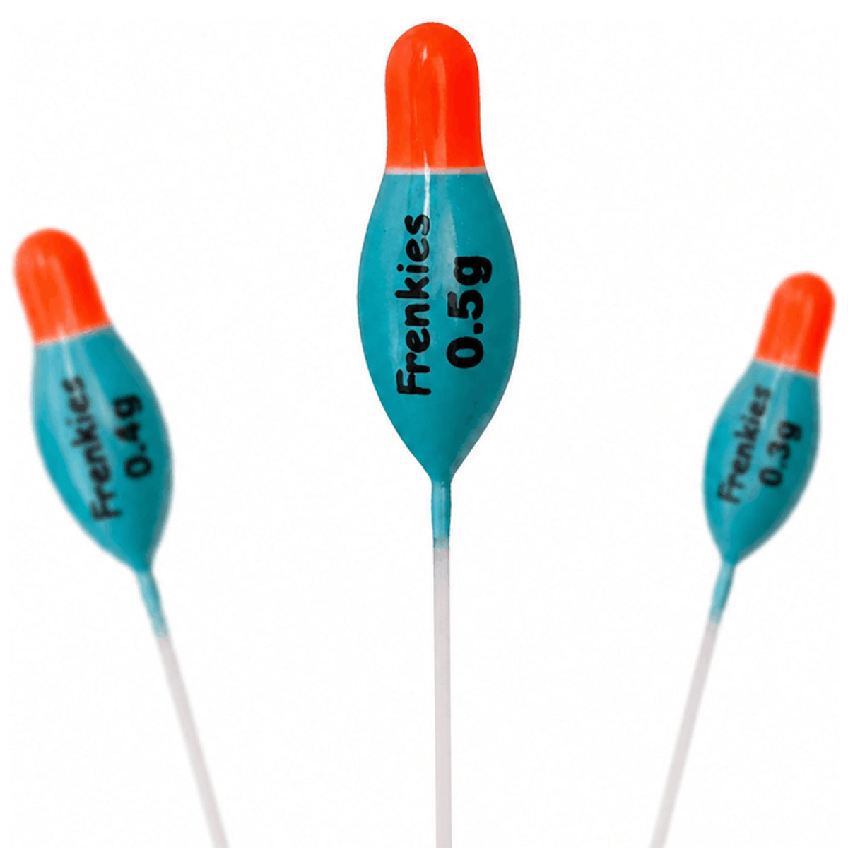 Drie turquoise Frenkies-dobbers met korte oranje toppen en 0,5 g op de middelste