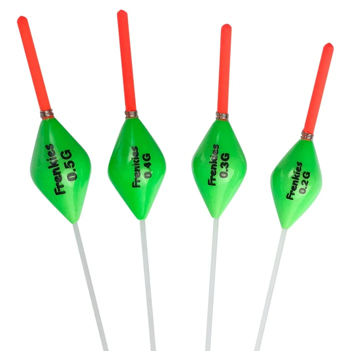 Vier groene Frenkies Mats-dobbers met rode antennes en gewichten 0,2 tot 0,5 g