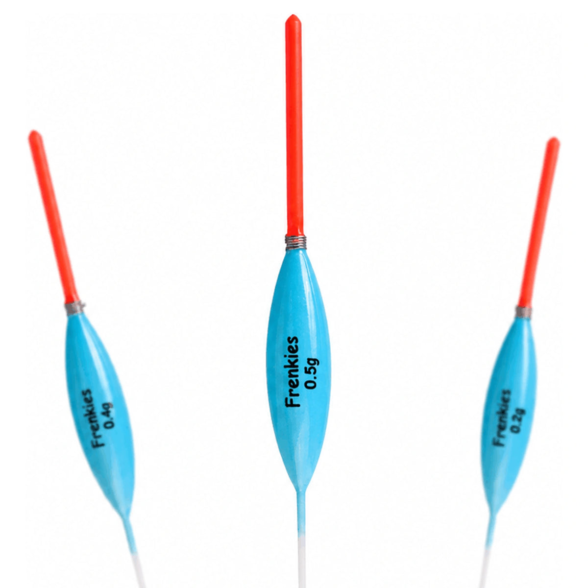 Drie blauwe Frenkies-dobbers met rode antennes en 0,5 g op de middelste