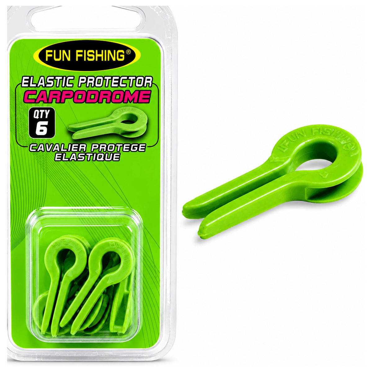 Fun Fishing Elastic Protector-blisterverpakking met groene elastiekbeschermers en een vergrote losse beschermer rechts
