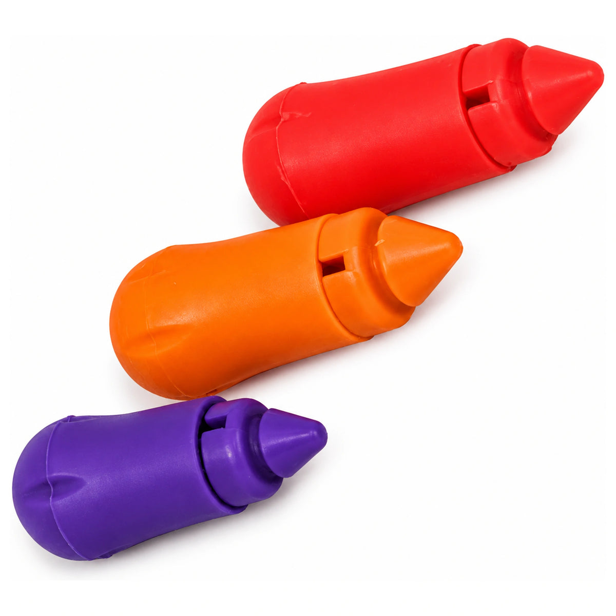 Drie Fun Fishing-elastiekconnectors in rood, oranje en paars met conische doppen, schuin naast elkaar