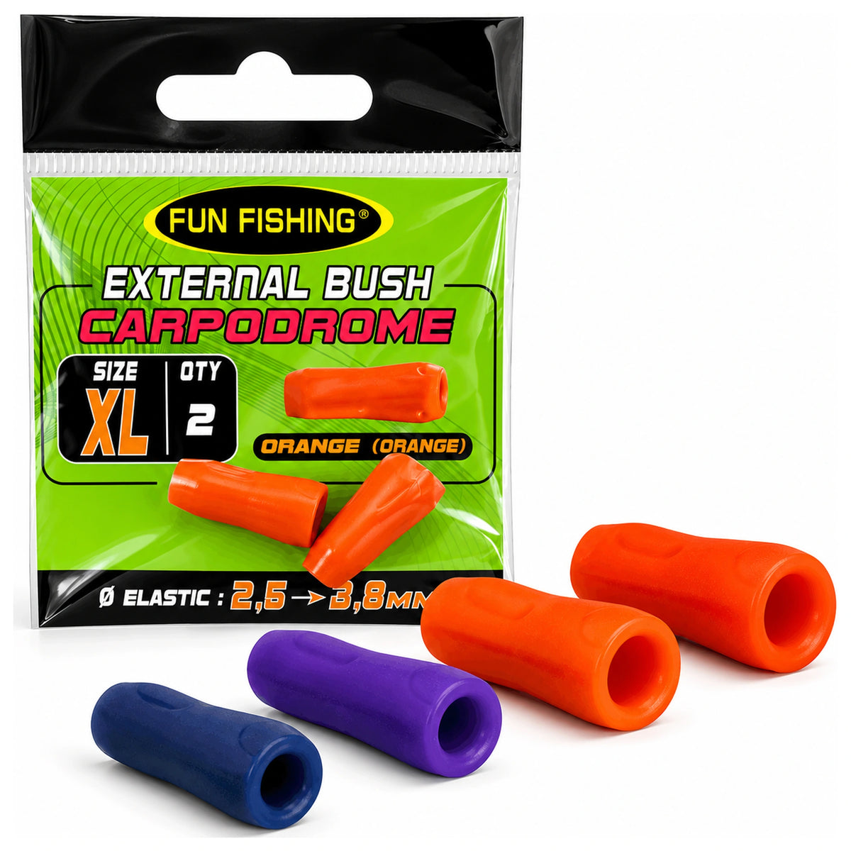 Fun Fishing External Bush XL-verpakking met oranje bussen en vier losse bussen in oranje, paars en blauw