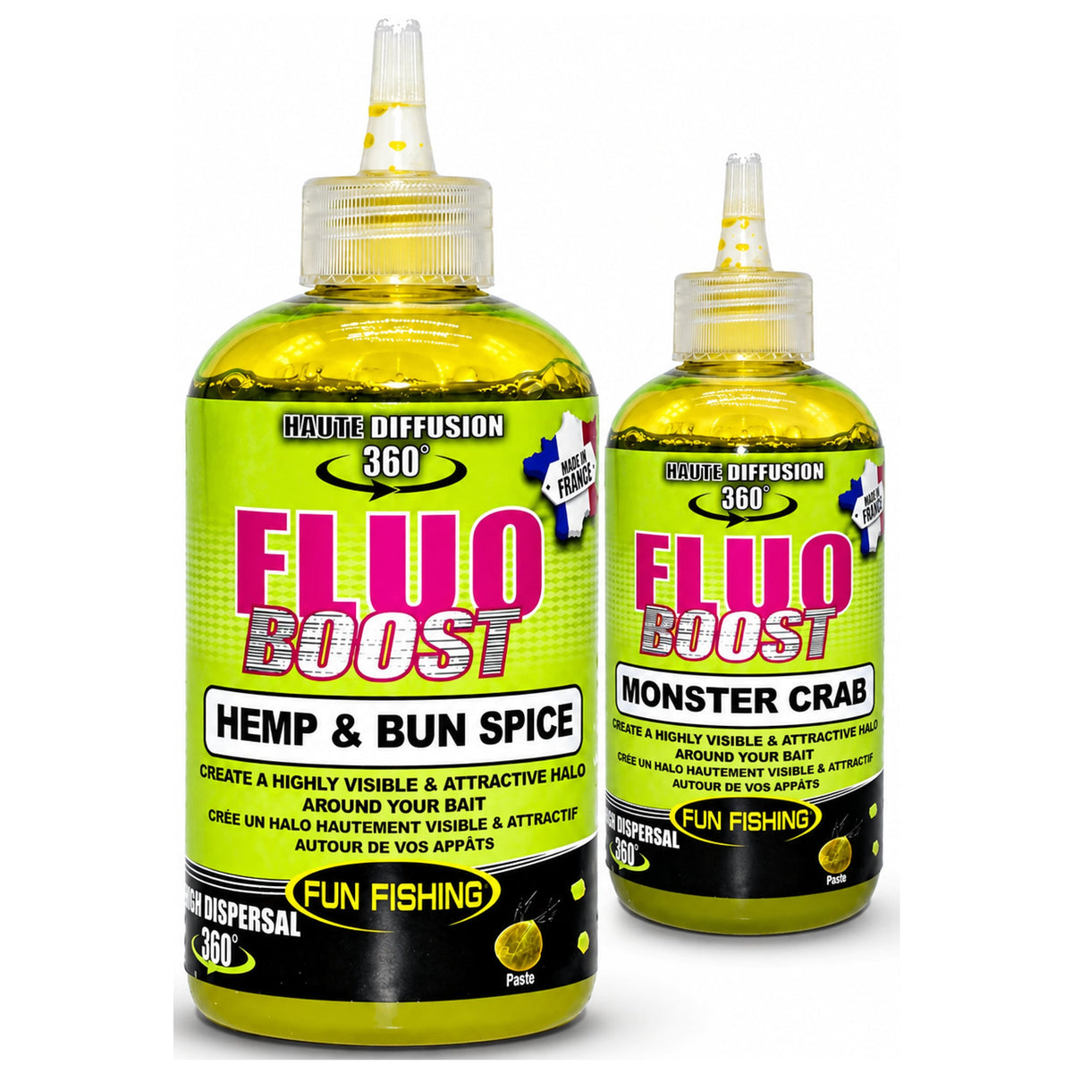 Fun Fishing Fluo Boost – grote fles Hemp & Bun Spice met kleinere fles Monster Crab erachter