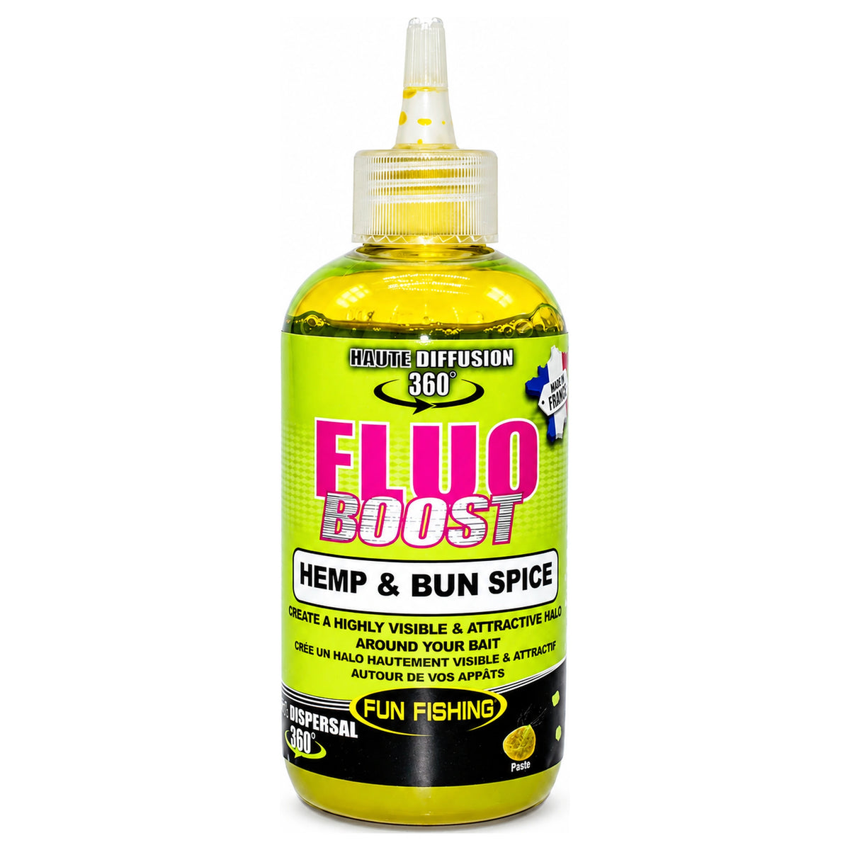Fun Fishing Fluo Boost Hemp & Bun Spice – fles met gele vloeistof, groen etiket en doseertuit