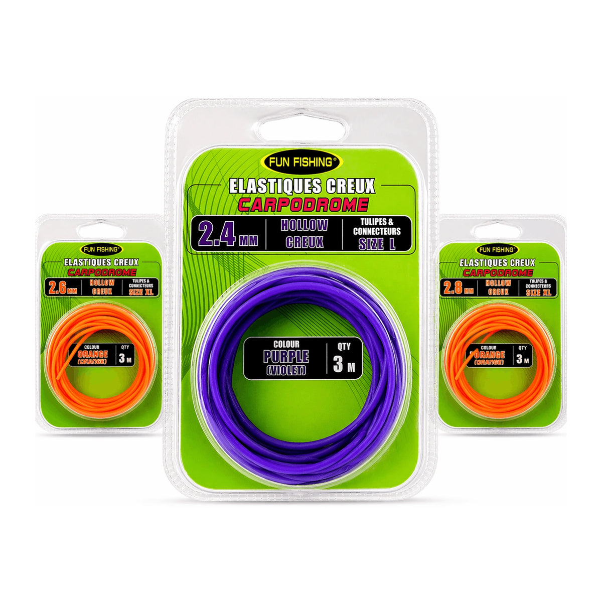 Fun Fishing Hollow Elastic 3m – verpakking van de paarse en oranje varianten