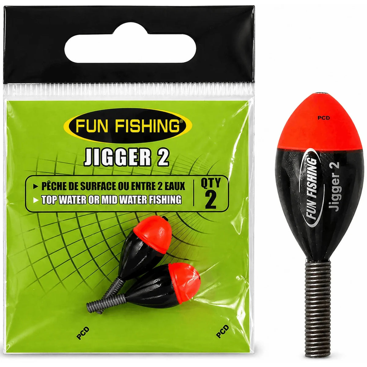 Fun Fishing Jigger 2 – verpakking met twee rood-zwarte dobbers en één vergrote dobber rechts