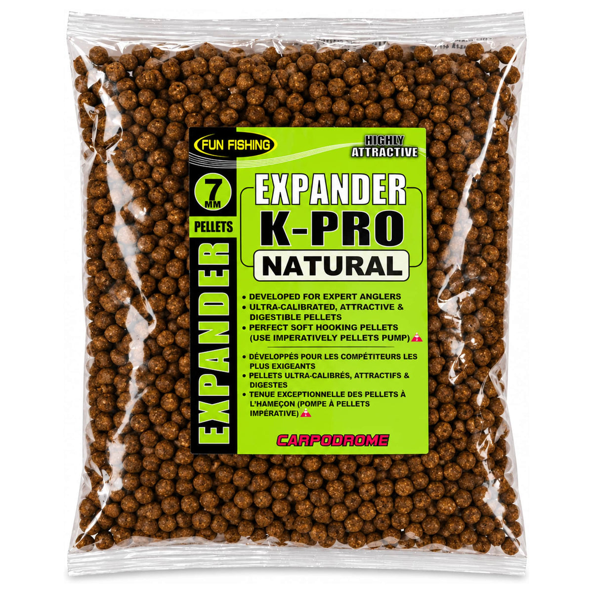 Fun Fishing K-Pro Natural Expander-pellets 7 mm in een transparante zak met groen-zwart etiket