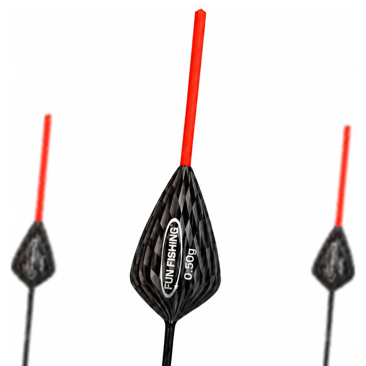 Fun Fishing K3 Pro 0,50 g: drie dobbers met rode antennes, middelste dobber groter op de voorgrond