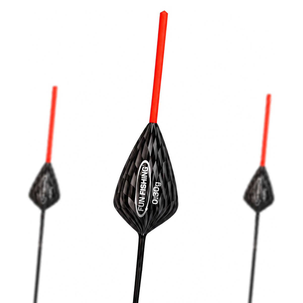 Fun Fishing K3 Pro 0.30g: driedobbercover met rode antennes en de middelste dobber groter op de voorgrond