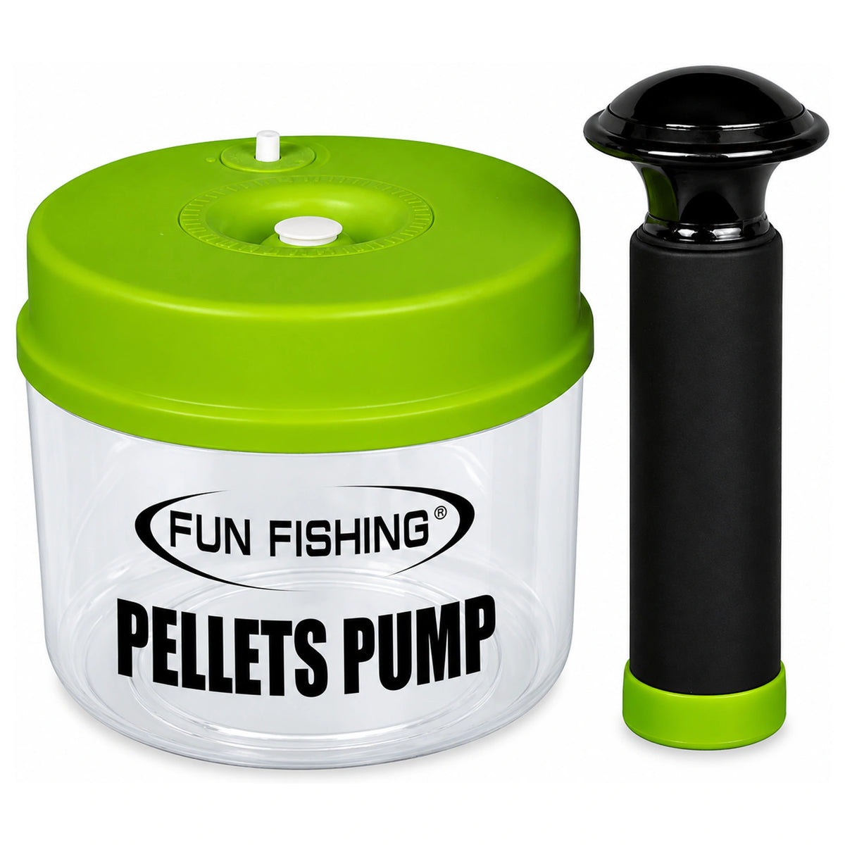 Fun Fishing-pelletpomp met transparante pot, groen deksel met witte aansluitingen en zwarte handpomp