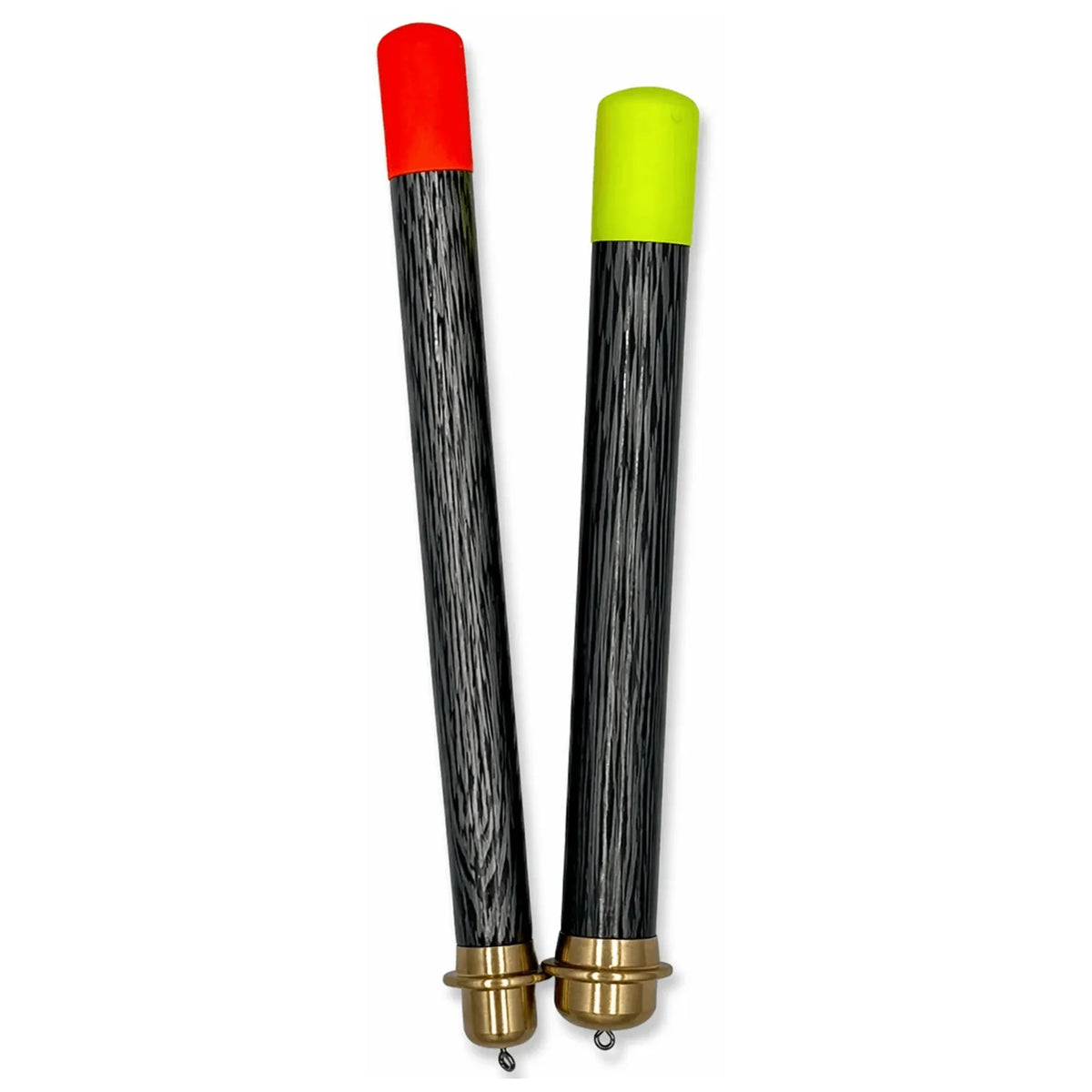 Fun Fishing Pellets Waggler Large – twee zwarte wagglerdobbers met rode en gele top en messing voet